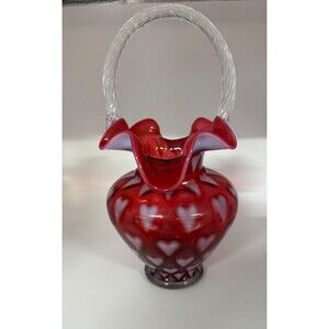 Fenton Cranberry Opalescent Heart Optic Basket